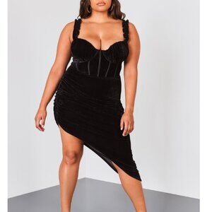 Plus Black Velvet Ruffle Strap Corset Detail Midi Dress